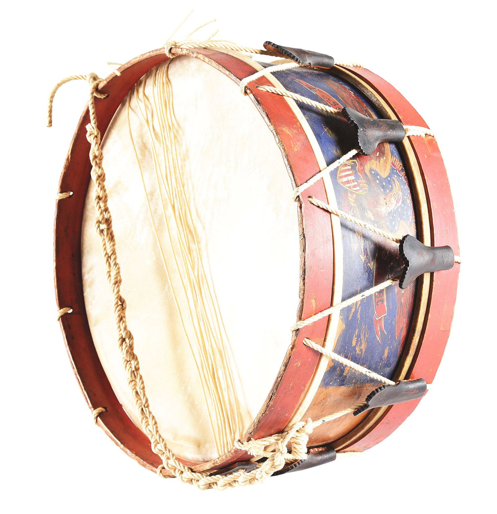 CIVIL WAR VETERANS' PAINTED DRUM ALBANY BURGESS CORPS, 25TH NY.: This painted eagle drum bears an American eagle clutching arrows, olive branch, and a United States shield, on a blue ground with glory of stars and sunburst rays rising from behind clouds to its rear