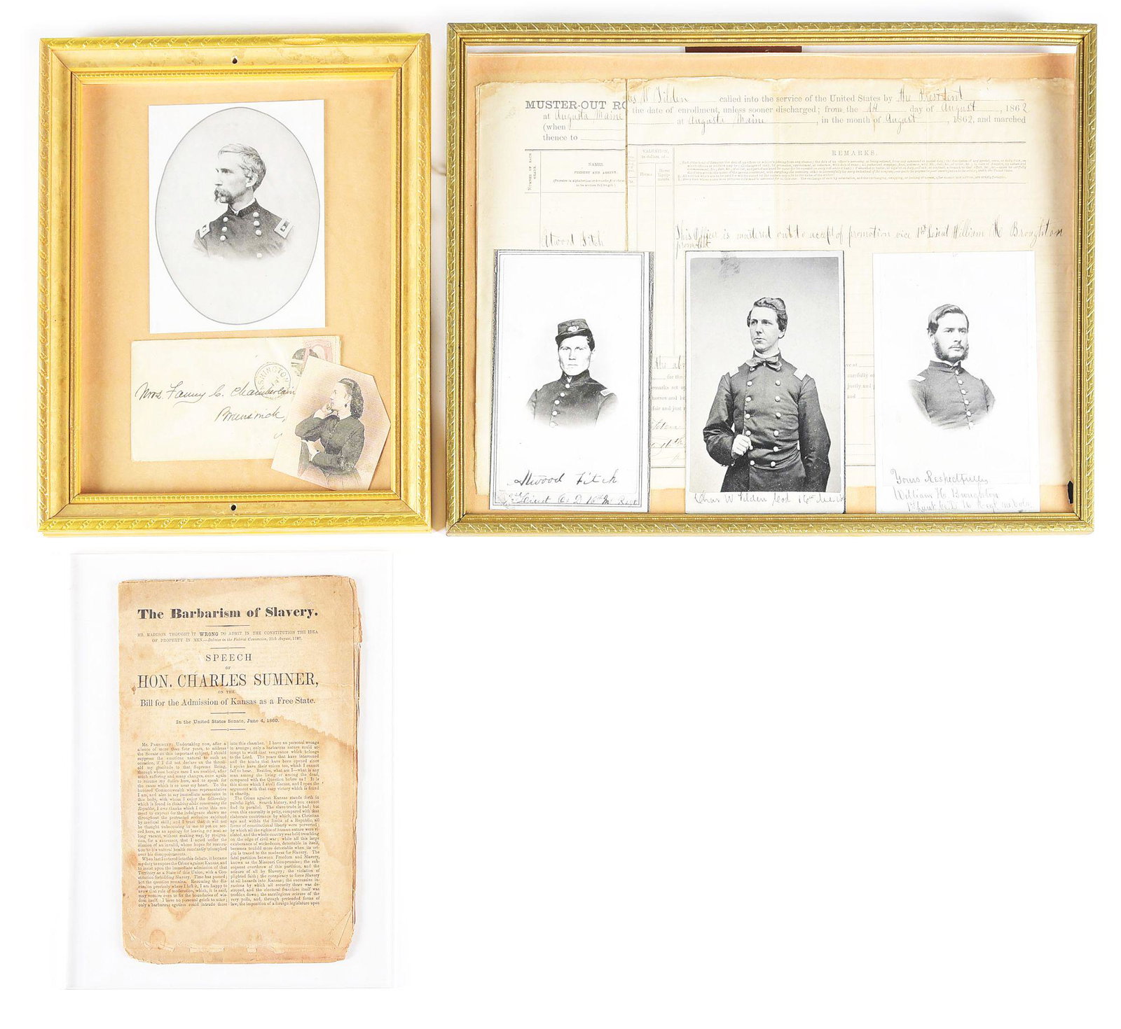LOT OF 3: CIVIL WAR EPHEMERA, ONE CHAMBERLAIN 20TH MAINE ENVELOPE.: Lot consists of 3 pieces of Civil War ephemera: (A) Muster out roll of 2nd Lt. Atwood Fitch, 16th Maine, to enable him to accept promotion to 1st Lieutenant. Fitch enlisted at age 19 and mustered into