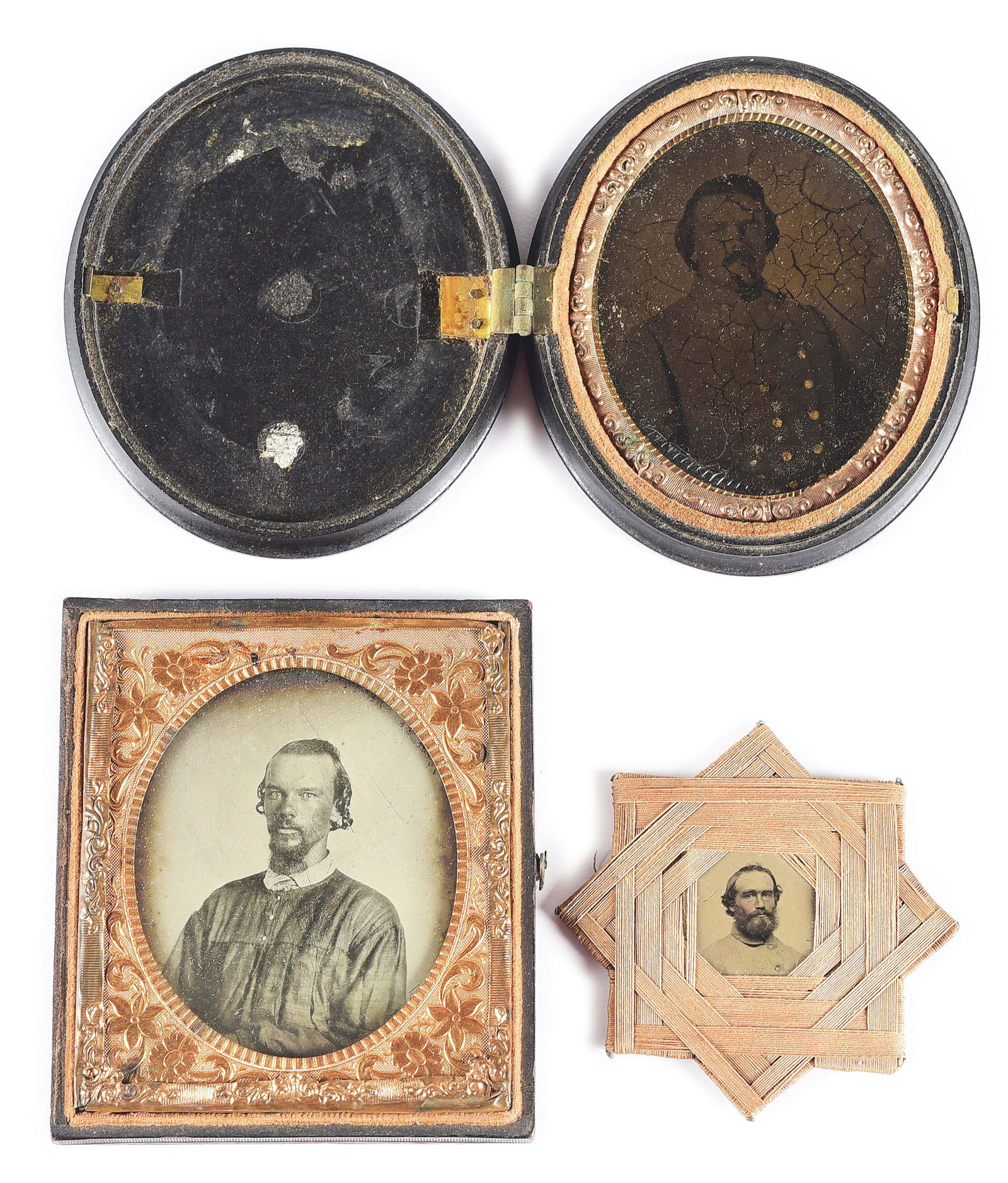 LOT OF 3: US CIVIL WAR IMAGES, CONFEDERATE OFFICER.: Lot consists of 2 tintypes and 1 ambrotype with tin backing. (A) Oval waist-up tintype portrait of a Confederate officer in a double-breasted gray uniform with brass buttons, housed in Littlefield, Pa
