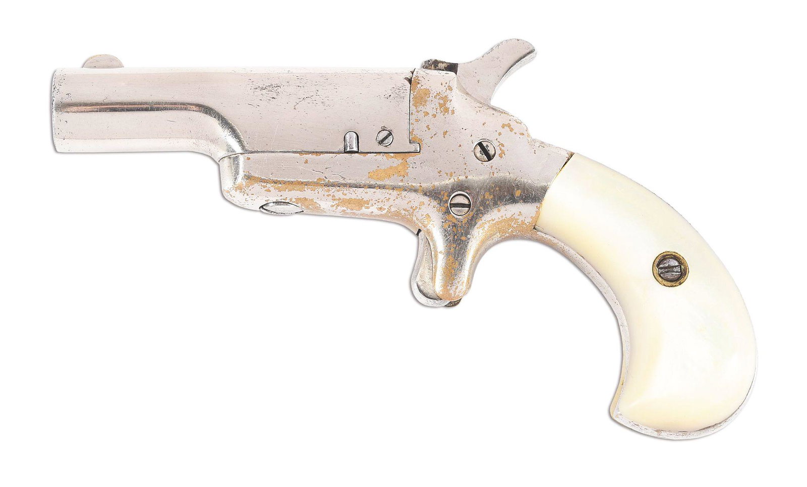(A) COLT 3RD MODEL DERRINGER SINGLE SHOT PISTOL.: Made circa 1870s. "COLT" marked in large letters on the top of the barrel, and ".41 CAL" marked on the left side of the frame. Matching serials on the barrel and inside of the left grip. Grip straps a