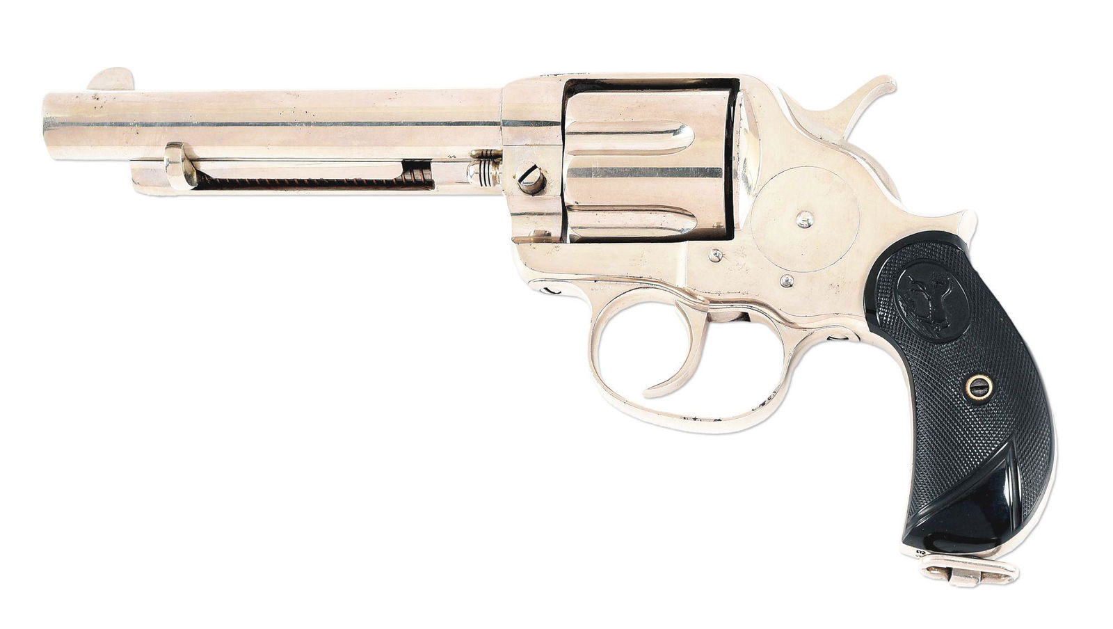 (A) RESTORED NICKEL PLATED COLT MODEL 1878 DOUBLE ACTION REVOLVER (1882).: Model 1878 Frontier double action revolver manufactured by Colt in 1882. Top of barrel bears Colt's 2-line address with "44.C.F." on the left side of the trigger guard bow. Features include a 5 - 1/2"