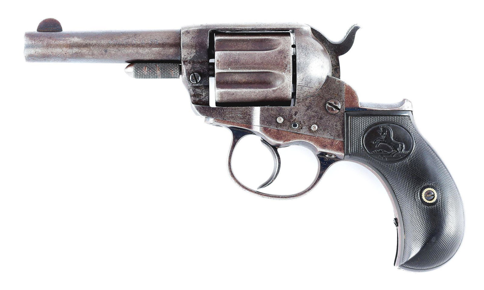 (A) COLT MODEL 1877 LIGHTNING DOUBLE ACTION REVOLVER (1882).: Model 1877 Lightning double action revolver manufactured by Colt in 1882. Left side of barrel is stamped "COLT. D.A. 38", with Colt's 2-line address across the top. Left side of frame bears stampings 