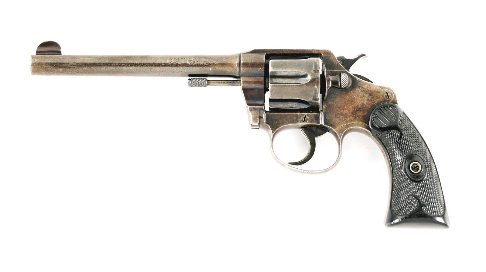 (C) COLT POLICE POSITIVE 38 REVOLVER WITH ACCESSORIES (1916).: Police Positive double action revolver manufactured by Colt in 1916. The left side of the barrel is stamped "COLT POLICE / POSITIVE." followed by "38", with Colt's address and patent information acros