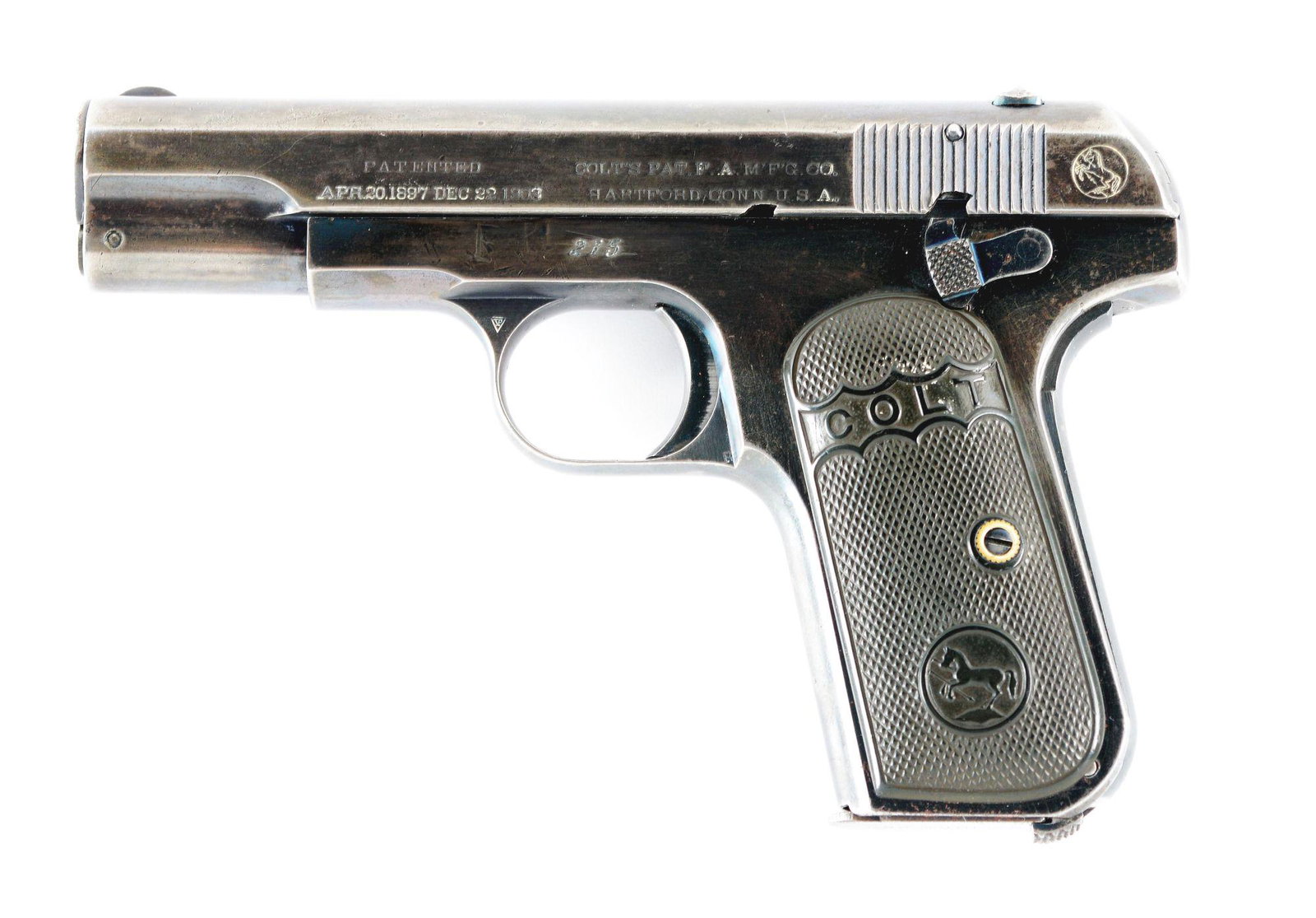 (C) EARLY PRODUCTION COLT MODEL 1908 POCKET HAMMERLESS SEMI AUTOMATIC PISTOL.: Very early production serial number "215" shipped from the factory August 26, 1908 during the first year of production to Holley Mason Hardware of Spokane, Washington. High polish blued finish with ni