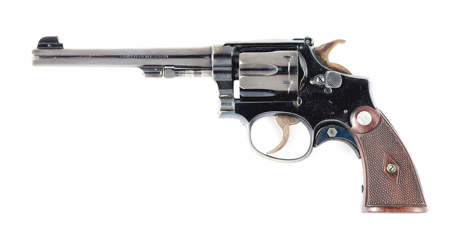 (C) S&W K-22 OUTSDOORSMAN .22 LR DOUBLE ACTION REVOLVER WITH FACTORY LETTER.: Smith and Wesson 1st Model K-22 Outdoorsman 6 shot double action revolver made by Smith & Wesson in 1939. Shipped with 6" blued barrel with standard front sight. Blued action with case hardened hammer