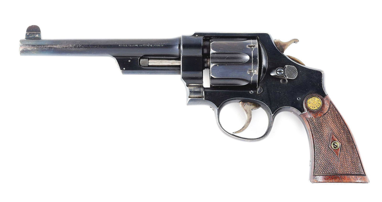 (C) SMITH & WESSON .44 HAND EJECTOR FIRST MODEL .44 SPECIAL DOUBLE ACTION REVOLVER.: Smith & Wesson .44 Hand Ejector, known as the Triple Lock, made in 1917. 6 - 1/2" blued round barrel with standard sights. Blued triple lock frame with case hardened trigger and hammer. Blued 6 shot c