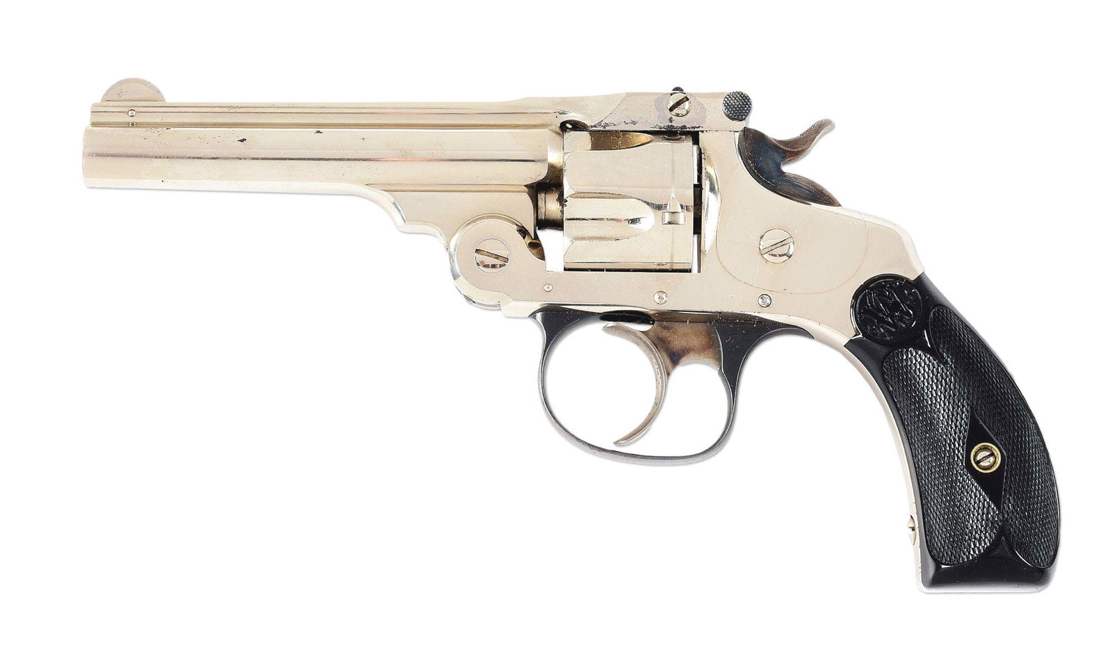 (C) NICKEL SMITH & WESSON .32 DOUBLE ACTION 3RD MODEL REVOLVER WITH BOX.: Made by Smith & Wesson between 1882 and 1883. 3 -1/2" ribbed nickel plated barrel with company name and patent dates up to 1882. Nickel plated receiver with blued latch, case hardened trigger and hamm