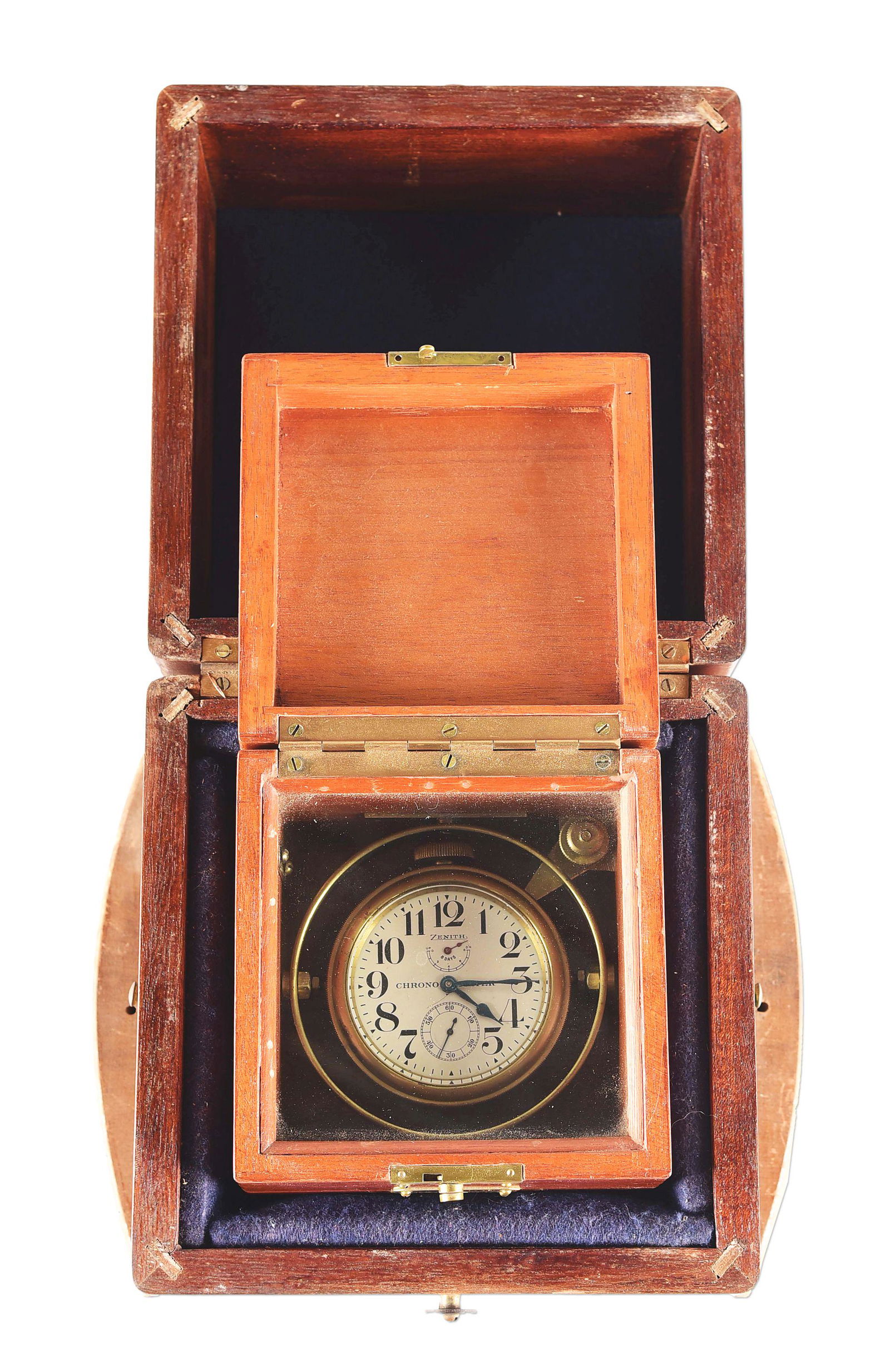 ZENITH 8-DAY SHIP'S CHRONOMETER GIMBAL CASED DECK WATCH.: Zenith 8-Day US Navy ship's chronometer cased and gimballed deck watch/clock. #202239, converted from 6 jewels to 15 jewels to meet US Navy specifications by Vail Watch Co. in Chicago during the later