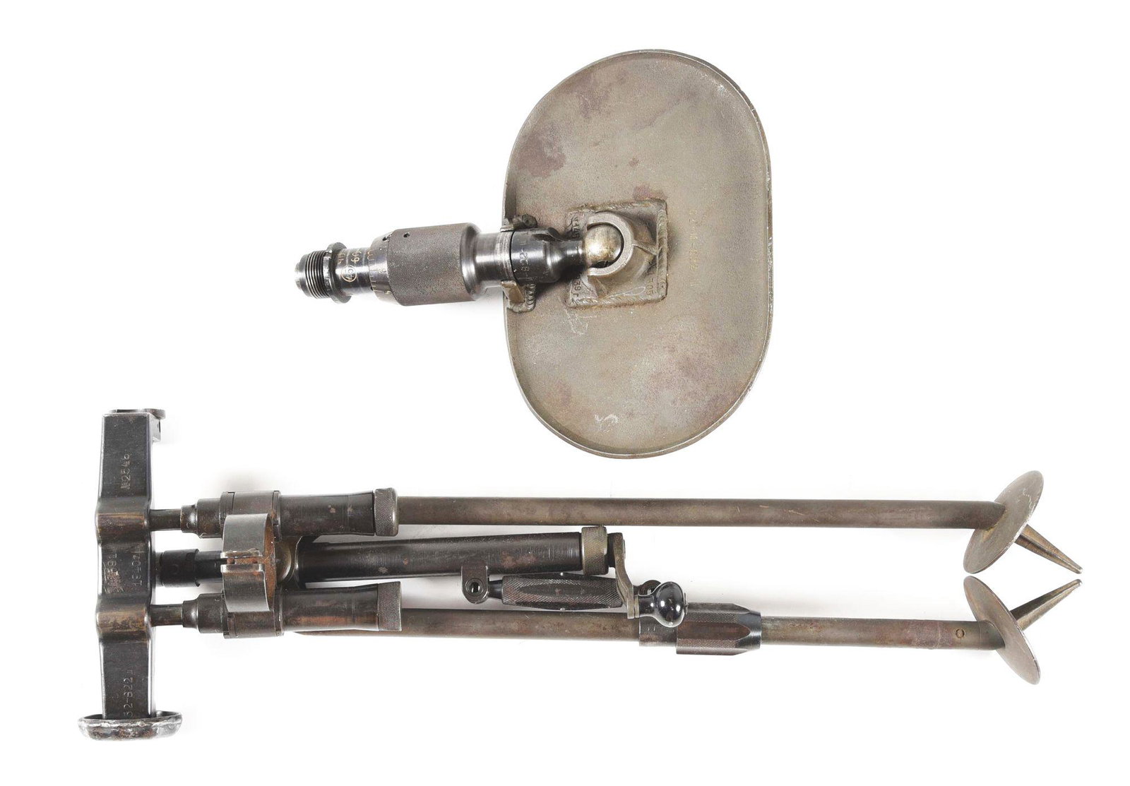 RUSSIAN WORLD WAR II RM-39 50MM LIGHT INFANTRY MORTAR CUP, BIPOD, & BASEPLATE.: Designed with strong influence from the British Stokes mortar utilized in World War I, the RM-39's compact size provided Red Army infantrymen with a relatively simple and mobile means of indirect fire