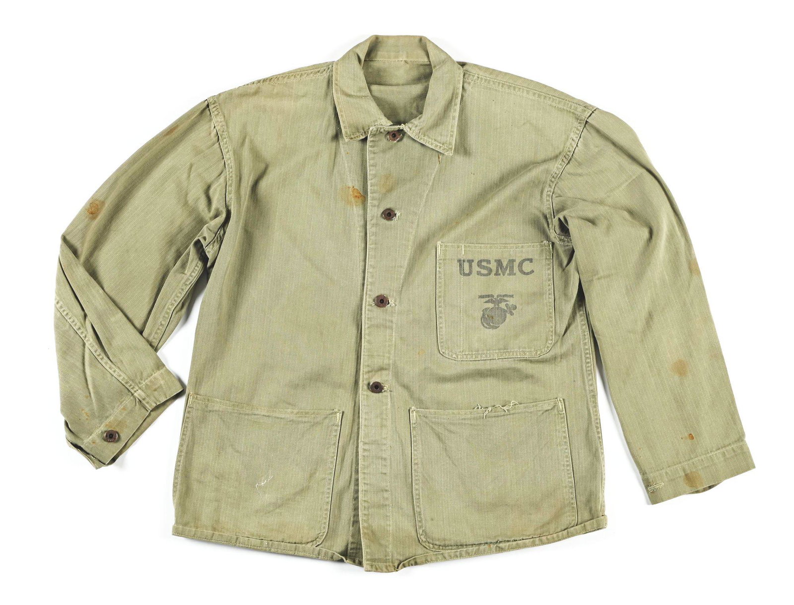 US WWII P41 FATIGUE JACKET NAMED TO CARL A. GOMOLL, BATTLE OF OKINAWA.: World War II US Marine Corps P41 Fatigue Jacket named to Carl A. Gomoll. Born on July 26, 1923, Gomoll registered for the draft at age 19 in June 1942, entered the Marine Corps, and graduated boot cam