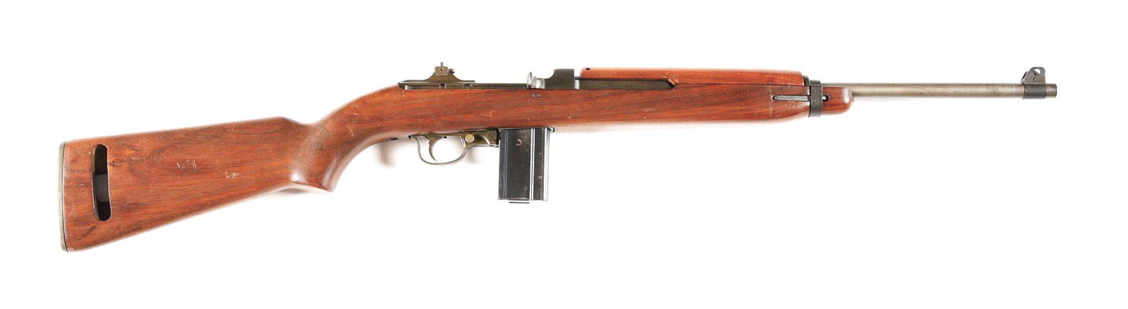(C) STANDARD PRODUCTS M1 CARBINE SEMI-AUTOMATIC RIFLE.: Made January 1944. Crossed cannon cartouche on the right side of the stock. Underwood barrel, dated "2-44" under a flaming bomb. Barrel band is unmarked, as is the rear sight. Trigger housing, bolt an