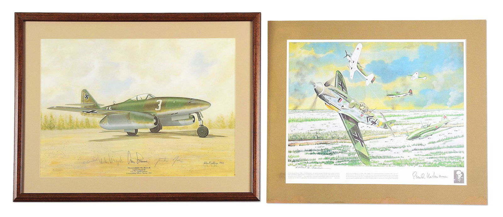 LOT OF 2: GERMAN WWII PRINTS SIGNED BY ERICH HARTMANN AND ADOLF GALLAND.: Lot consists of (A) Framed Messerschmitt Me 262A-1b aviation print by John Ficklen. The print is signed by Flicken, just beneath his name on the print on the lower right side and is countersigned by 4