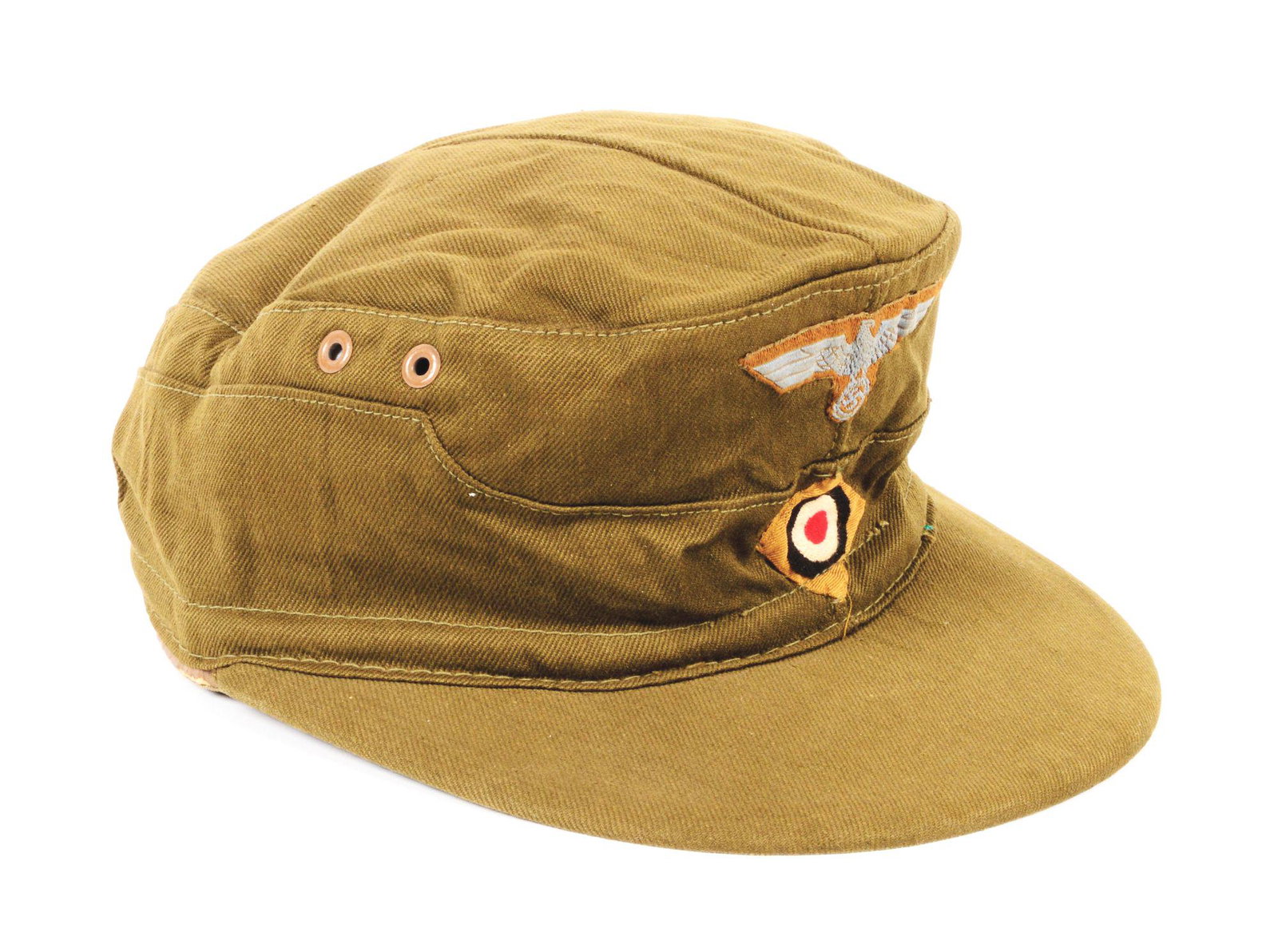 GERMAN WWII HEER M41 OLIVE TROPICAL CAP.: German World War II Heer tropical M41 field cap made from an olive green cotton twill. This early war cap is dated "242" (Feb 1942) size marked "54", and maker marked "Landes Lief. Genossenschaft und 