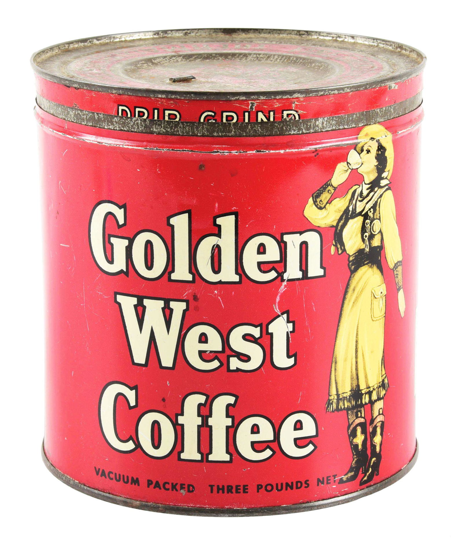 RARE GOLDEN WEST COFFEE TIN W/ COWGIRL GRAPHIC. (1 of 5)