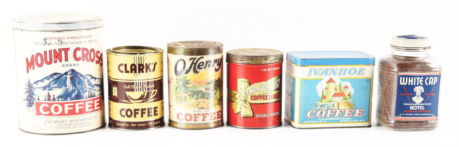 LOT OF 6: MISCELLANEOUS COFFEE TINS AND A GLASS COFFEE JAR. (1 of 4)