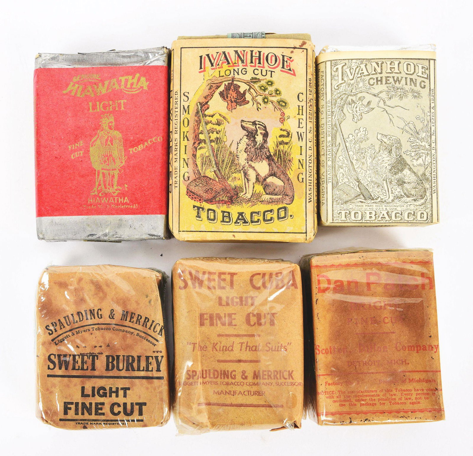 LOT OF 6: UNUSED TOBACCO PACKS.: This is a lot of unused tobacco packs. Includes a Sweet Burley, Hiawatha, two Ivanhoe, a Sweet Cuba and a Dan Patch. All packs are in full, unused condition, most with tax stamps.