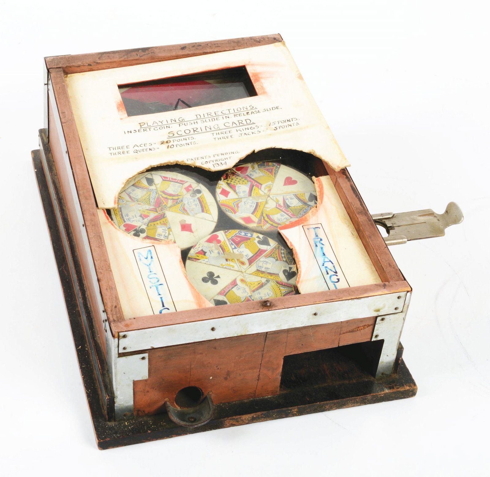1 CENT MYSTIC TRIANGLE CARD ARCADE TRADE STIMULATOR.: This is a great project. It is a seldom-seen Mystic Triangle trade stimulator with original case, original card reels, components to the original cardboard frame and some additional components. Machin
