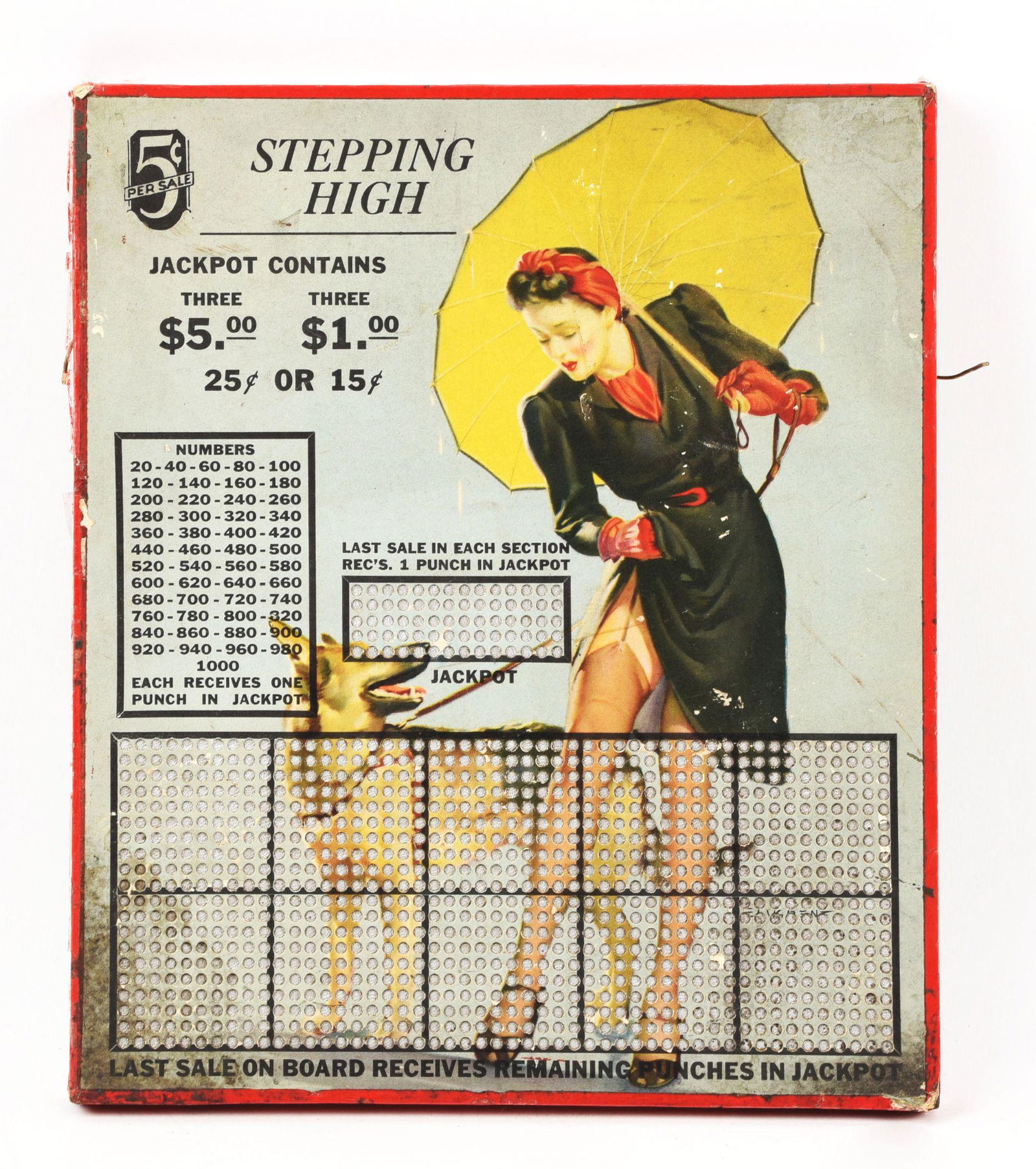 5 CENT PER SALE STEPPING HIGH PRIZE JACKPOT PUNCH BOARD. (1 of 2)