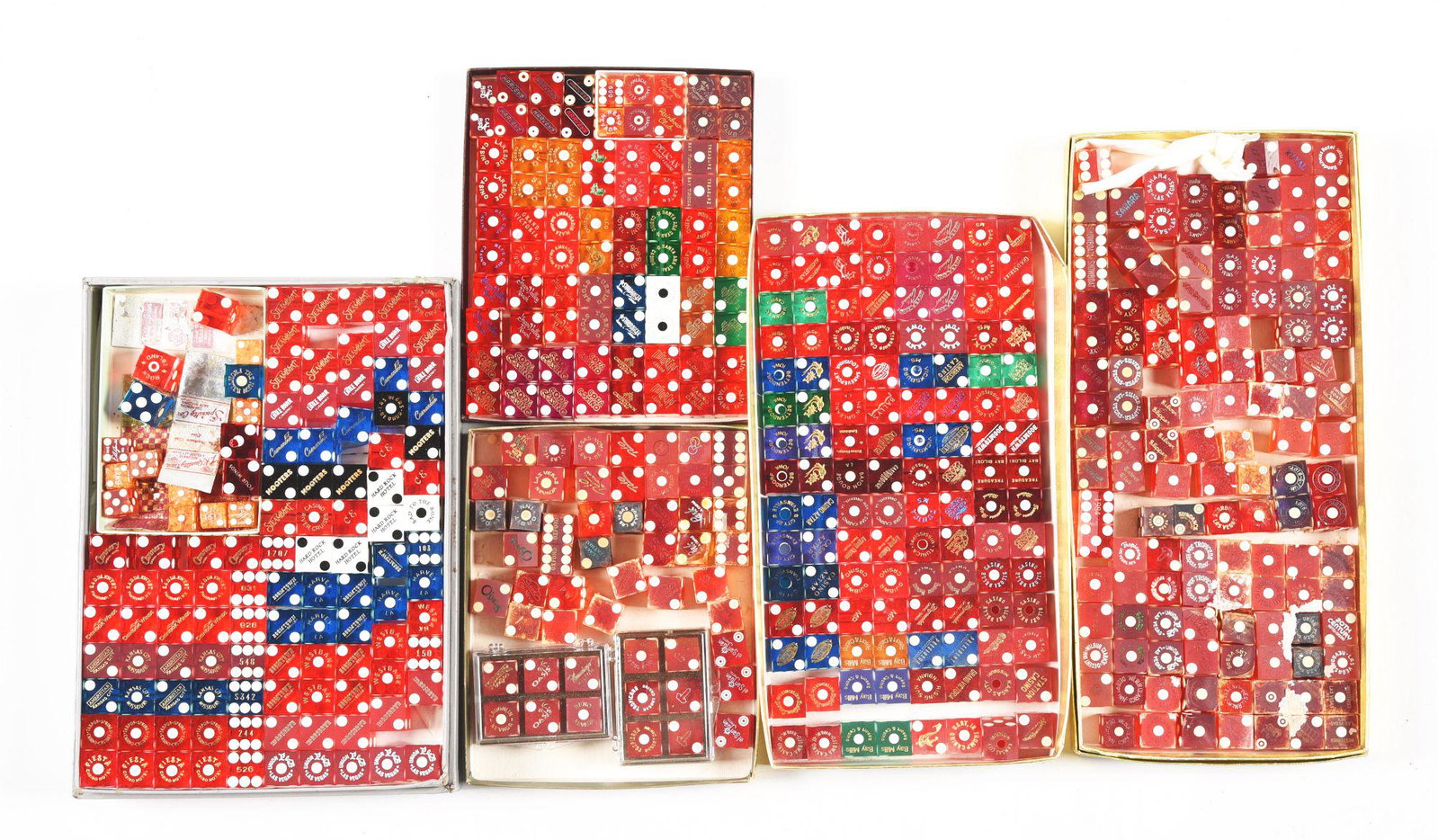 LARGE LOT OF DICE.: This lot of dice consists of many casino dice and some regular dice in various conditions and configurations.