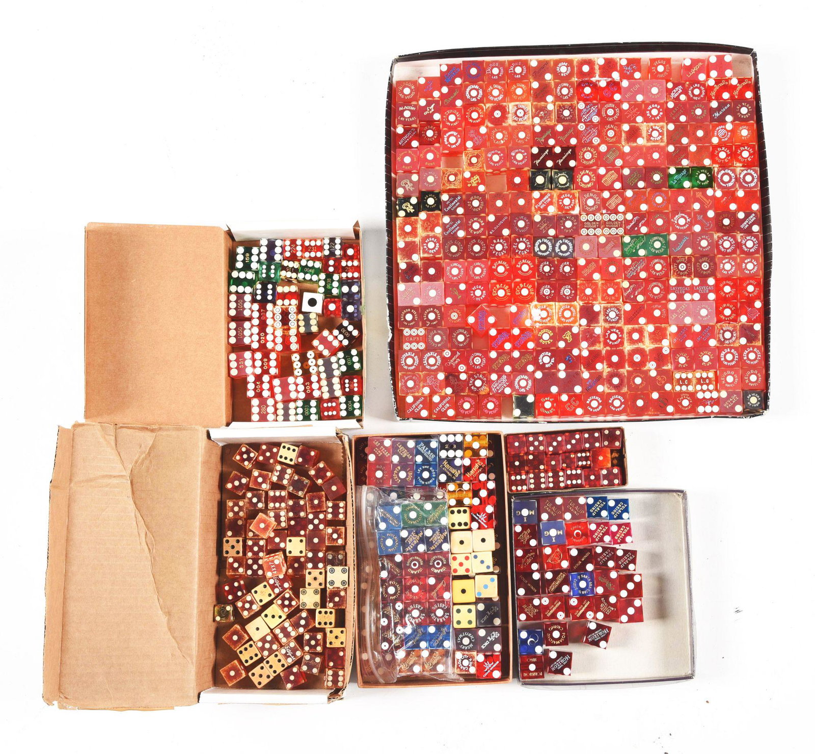 LARGE ASSORTMENT OF DICE.: This large assortment of dice consists of many casino dice and some regular dice in various condition and configuration.