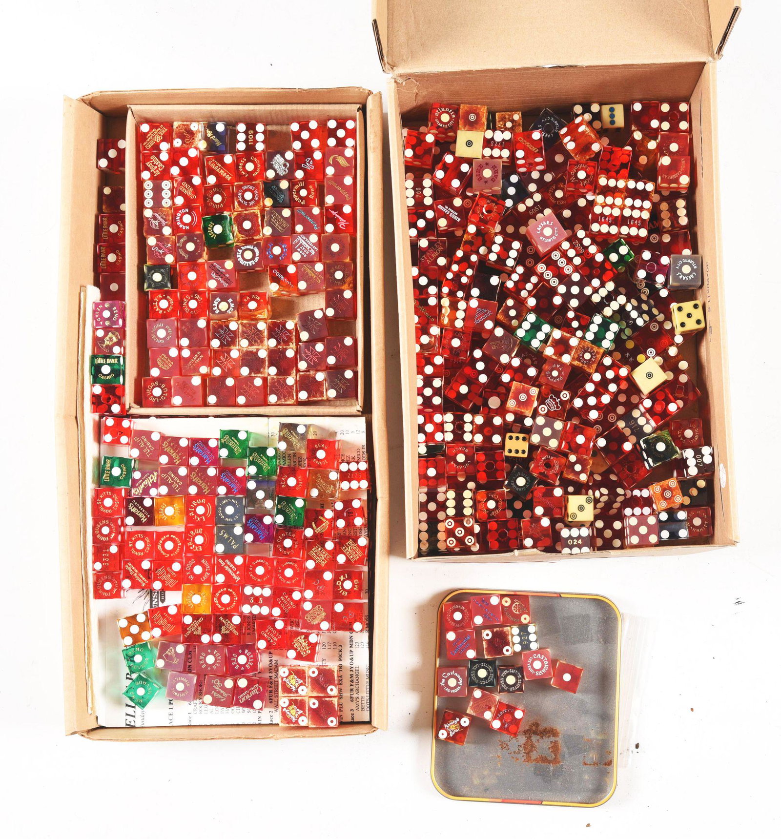 LARGE LOT OF DICE.: This lot consists of many casino dice as well as regular dice in various conditions and configurations.