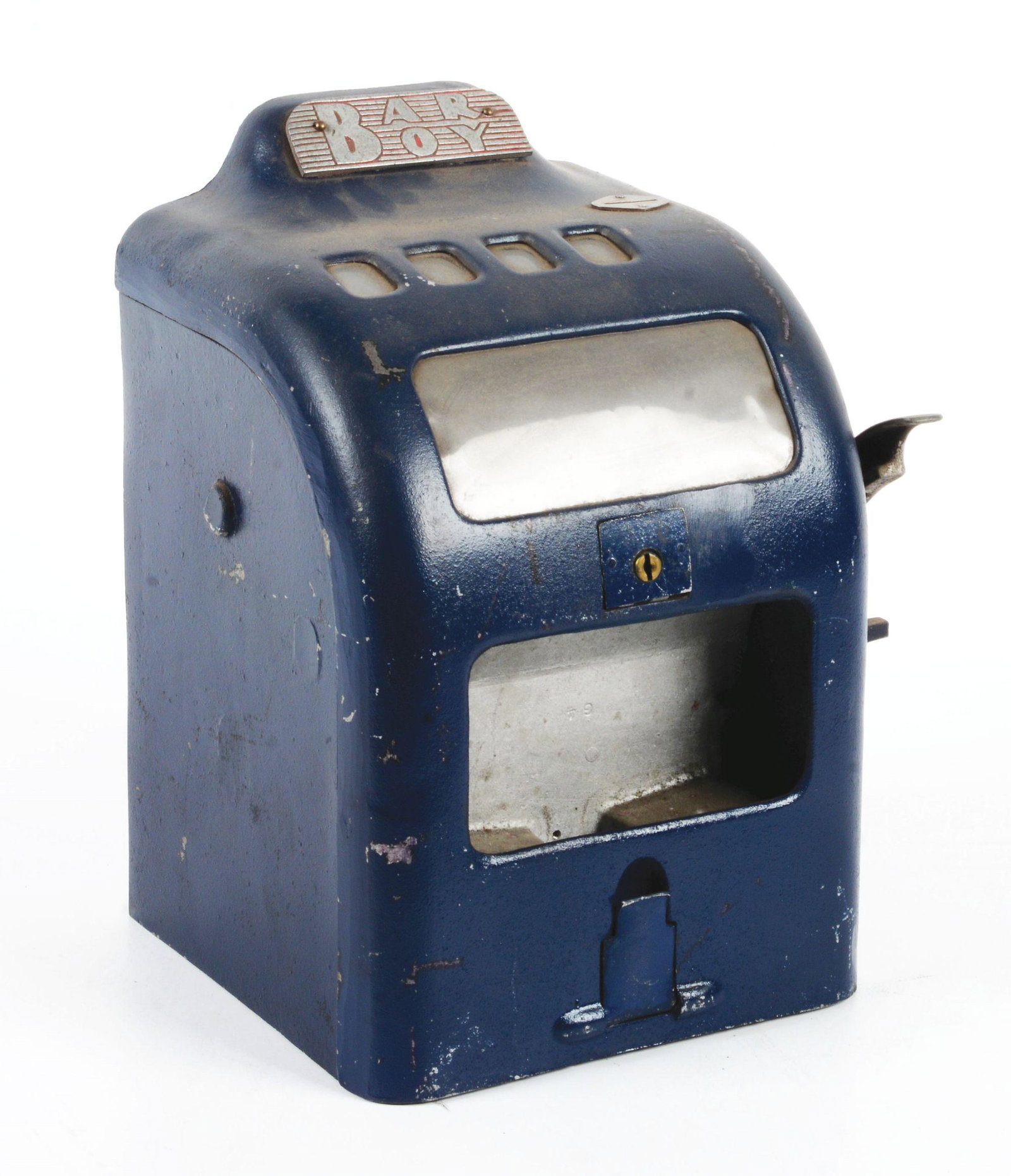 GARDEN CITY "BAR BOY" TRADE STIMULATOR.: This Garden City "Bar Boy" trade stimulator has the original handle, original case, original reel strips and original backdoor, with some internal mechanism parts. Also with original gum vendor. Machi