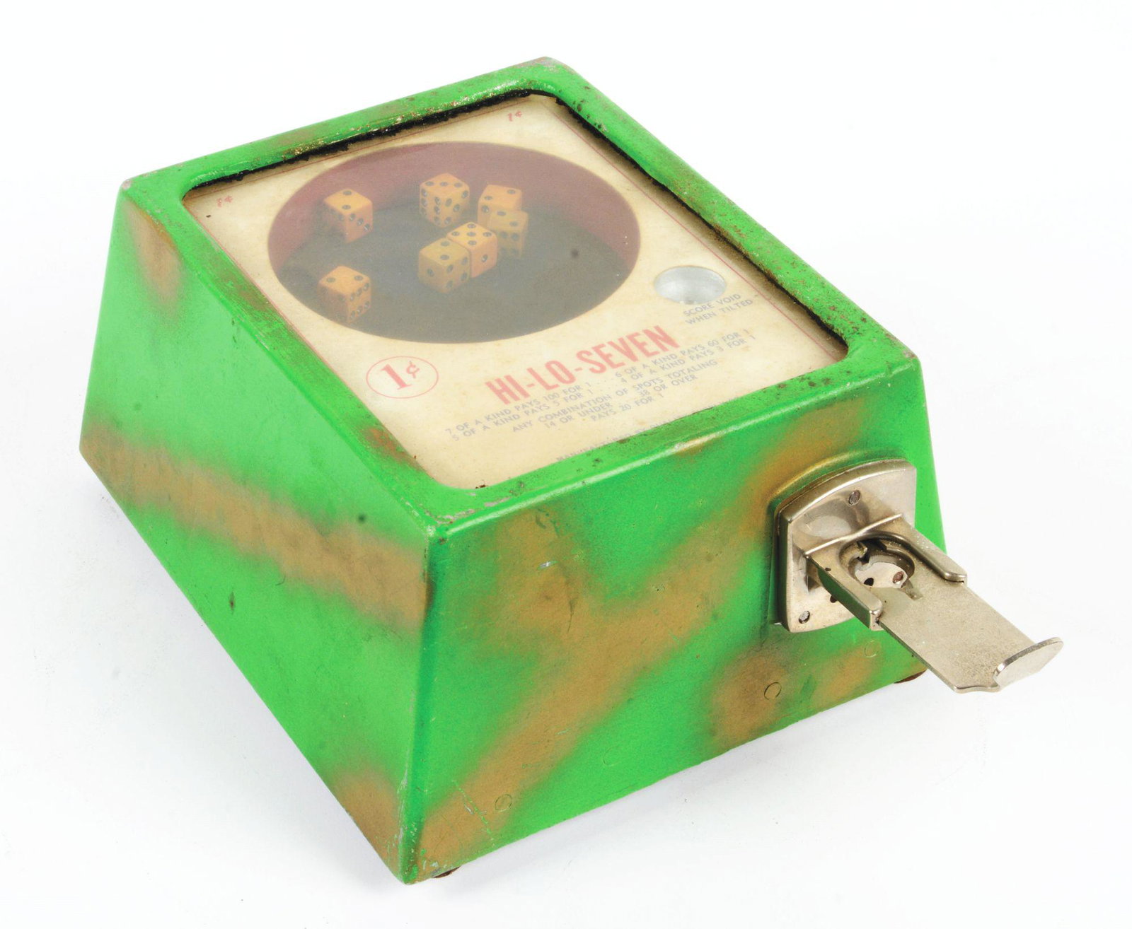 1 CENT HI-LO-SEVEN DICE TRADE STIMULATOR.: This hi-Lo Seven trade stimulator is all original condition with original paint to the body, original playfield and original seven dice. One cent operation. Keys: No