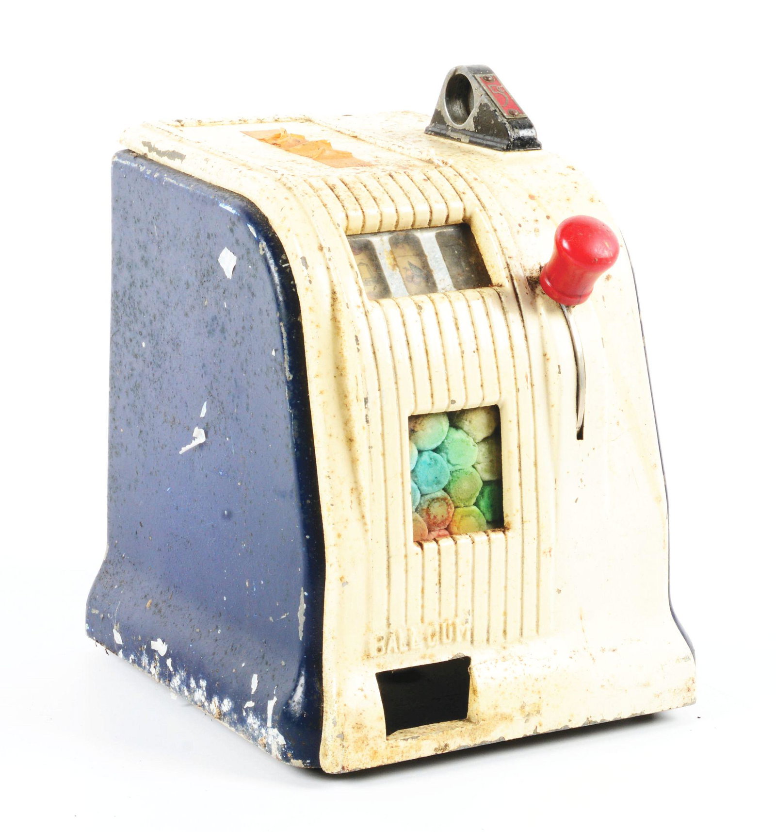 TRADE STIMULATOR WITH BALL GUM VENDOR.: This original trade stimulator comes with the original case, no backdoor, original gum vendor and internal mechanism. This machine is being sold "As Is" for parts or for restoration. Keys: No