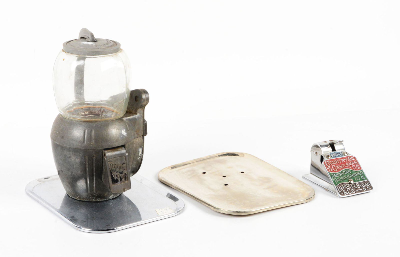 LOT OF 2: SMALL 1 CENT PEANUT MACHINE AND CIGAR CUTTER. (1 of 2)