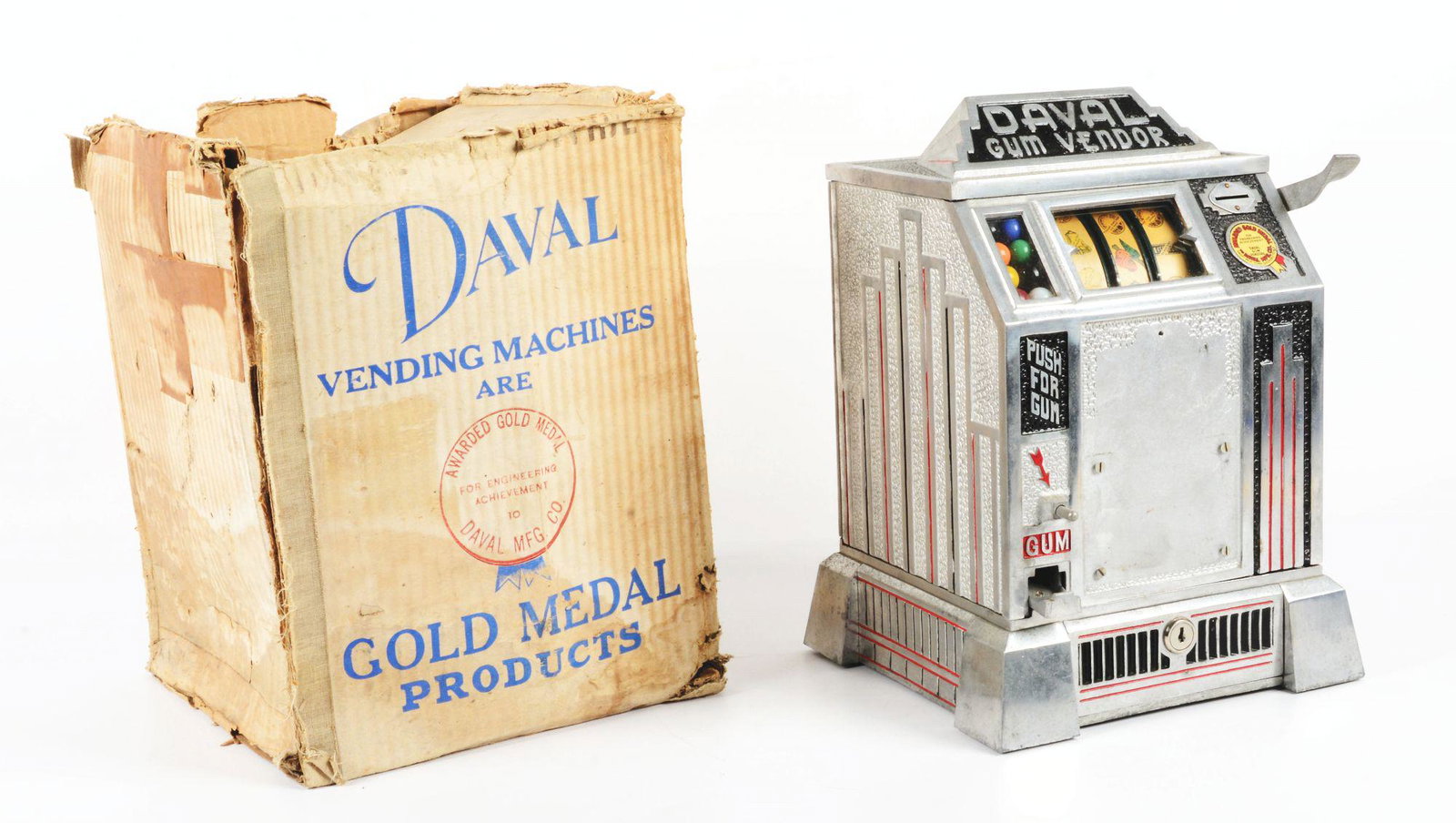 DAVAL GUM TRADE STIMULATOR IN ORIGINAL SHIPPING BOX.: This gum trade stimulator appears to be all original and in operating condition. In the original shipping box. Keys: No