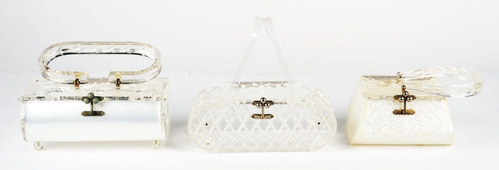 LOT OF 3: CLEAR ARTISAN LUCITE HANDBAGS. (1 of 2)