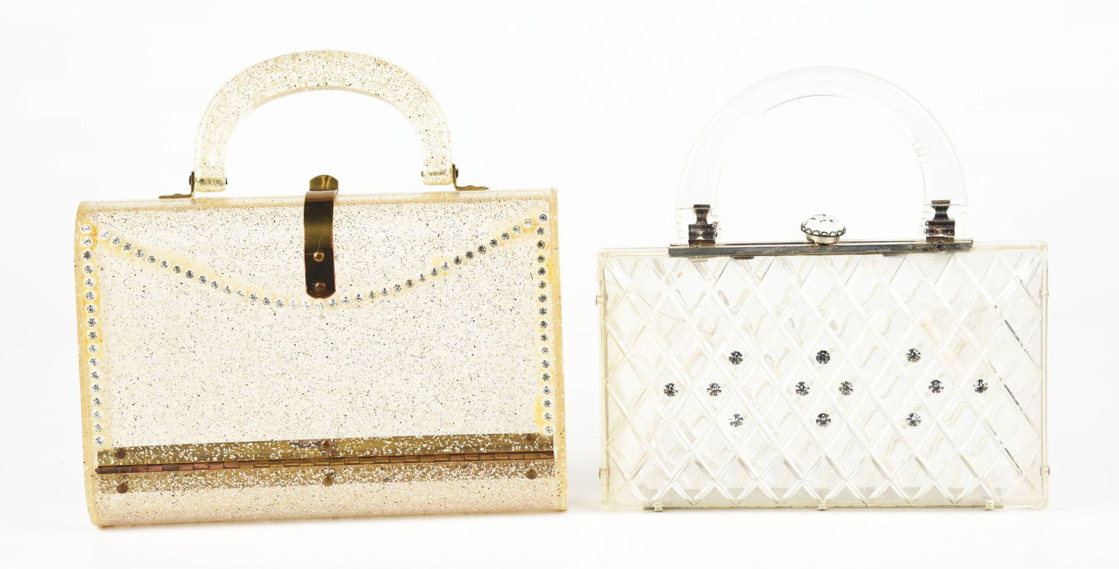 LOT OF 2: SPECKLED AND CLEAR LUCITE PURSES. (1 of 2)