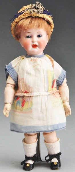 Rare German Character Doll.: German bisque socket head incised B II 4/0, possibly by Fritz Bierschenk with very high forehead and small crown opening. Blue sleeping eyes with painted upper and lower eyelashes, tapered eyebrows, o