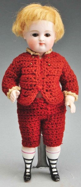 Early All Bisque Kestner Pouty Doll.: Bisque socket head incised "3" with multi-stroked blonde eyebrows, painted upper and lower eyelashes, brown glass sleeping eyes, closed pouty mouth with lip shading strokes, original plaster pate and