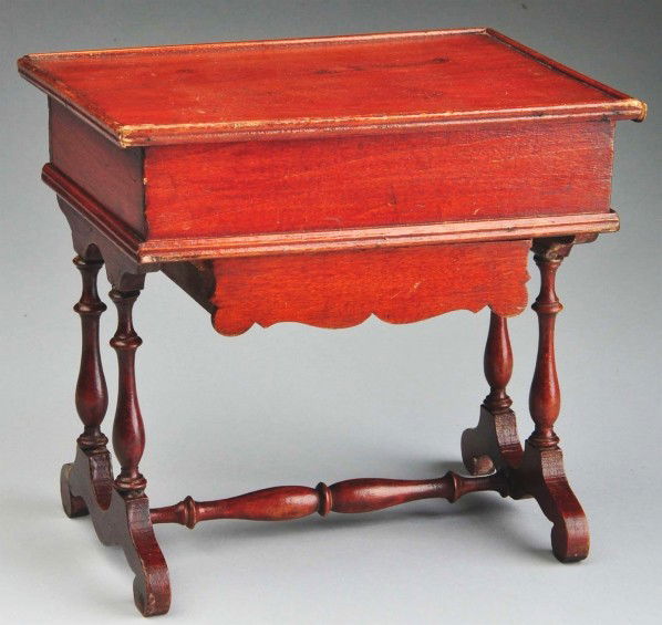 Small Wood Antique Sewing Table.: Compartmentalized box with hinged lid, mirror, drawer, spindle turned base, containing some vintage sewing supplies including a gold-toned pair of stork scissors, thread and buttons, and several repro