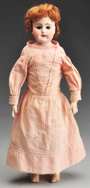Bahr & Proschild 309 Child Doll.: Bisque shoulder head with cute pert face, multi-stroked eyebrows, sleeping eyes (some eyelid wax missing), open mouth with upper square-cut teeth, mohair wig with side coiled braids, pink kid body wit
