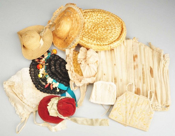 Lot of Vintage Hats and Corsets.: Two straw hats and one bonnet (minor damage), very nice early straw hat, black "horsehair hat," small velvet bonnet; silk-lined white work baby bonnet; two small doll corsets and one larger corset sta