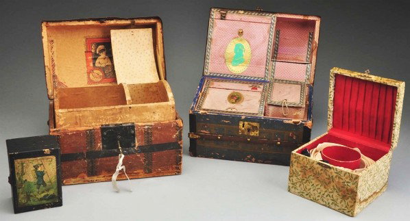Lot of Antique Trunks & Boxes.: Very nice quite desirable model wood doll trunk with grain painting, wood staves and metal decoration, paper-covered fitted interior with tray and lidded compartments (some wear, handles broken). Seco