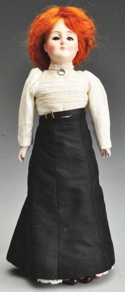 Kestner 172 "Gibson Girl" Lady Doll.: Bisque shoulder head incised 172, elegant lady face with sleeping eyes, painted lower eyelashes, no upper lashes, tapered eyebrows, closed mouth, upturned chin, long neck, replaced auburn mohair wig; 