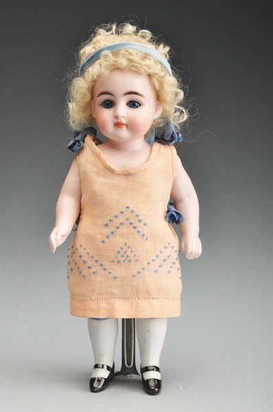 Kestner All Bisque Child Doll.: Incised "150" size 4. Shiny multi-stroked eyebrows, blue sleeping eyes, painted upper and lower eyelashes, closed mouth with lip shading line, replaced mohair wig. Jointed shoulders and hips, white ri