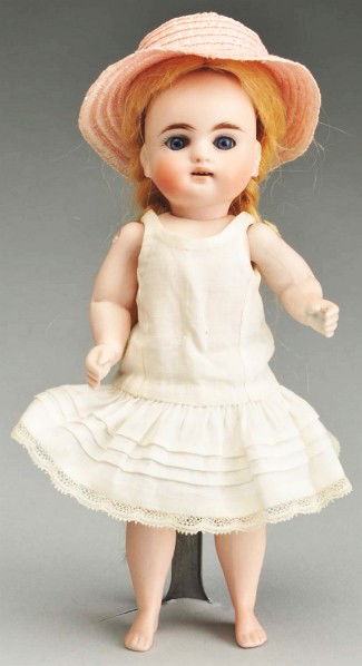 Kestner All Bisque Doll with Bare Feet.: Bisque socket head incised "10". Dark multi-stroked eyebrows, blue sleeping eyes, open mouth with upper teeth, well-defined ears, original plaster pate and blonde mohair braided wig. Swivel neck, pegg