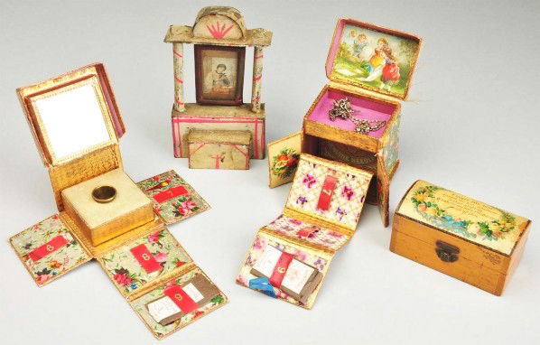 Lot of Needle Cases & French Fashion Doll Access.: Small Clark & Co. wood sewing box with "Forget Me Not" verse on lid; beautiful James Smith & Sons needle and thimble case with lovely satin top and gold embellished interior, mirror too, completely fo