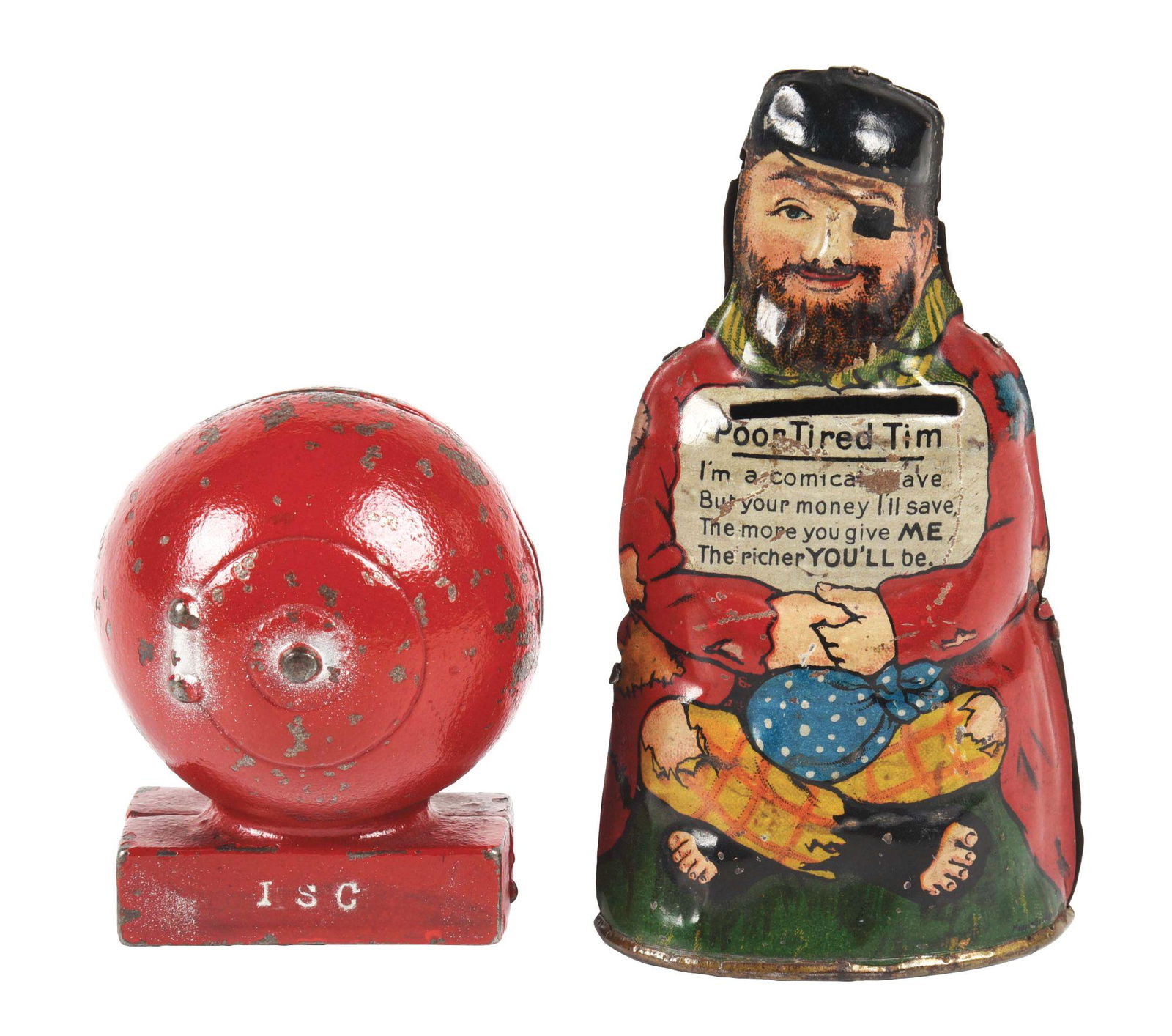 LOT OF 2: ISC SAFE AND POOR TIRED TIM BANK. (1 of 4)