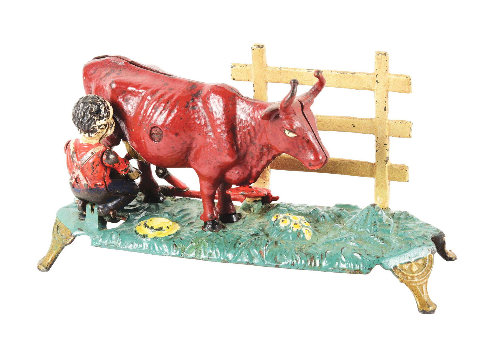 CAST IRON MILKING COW BANK. (1 of 6)
