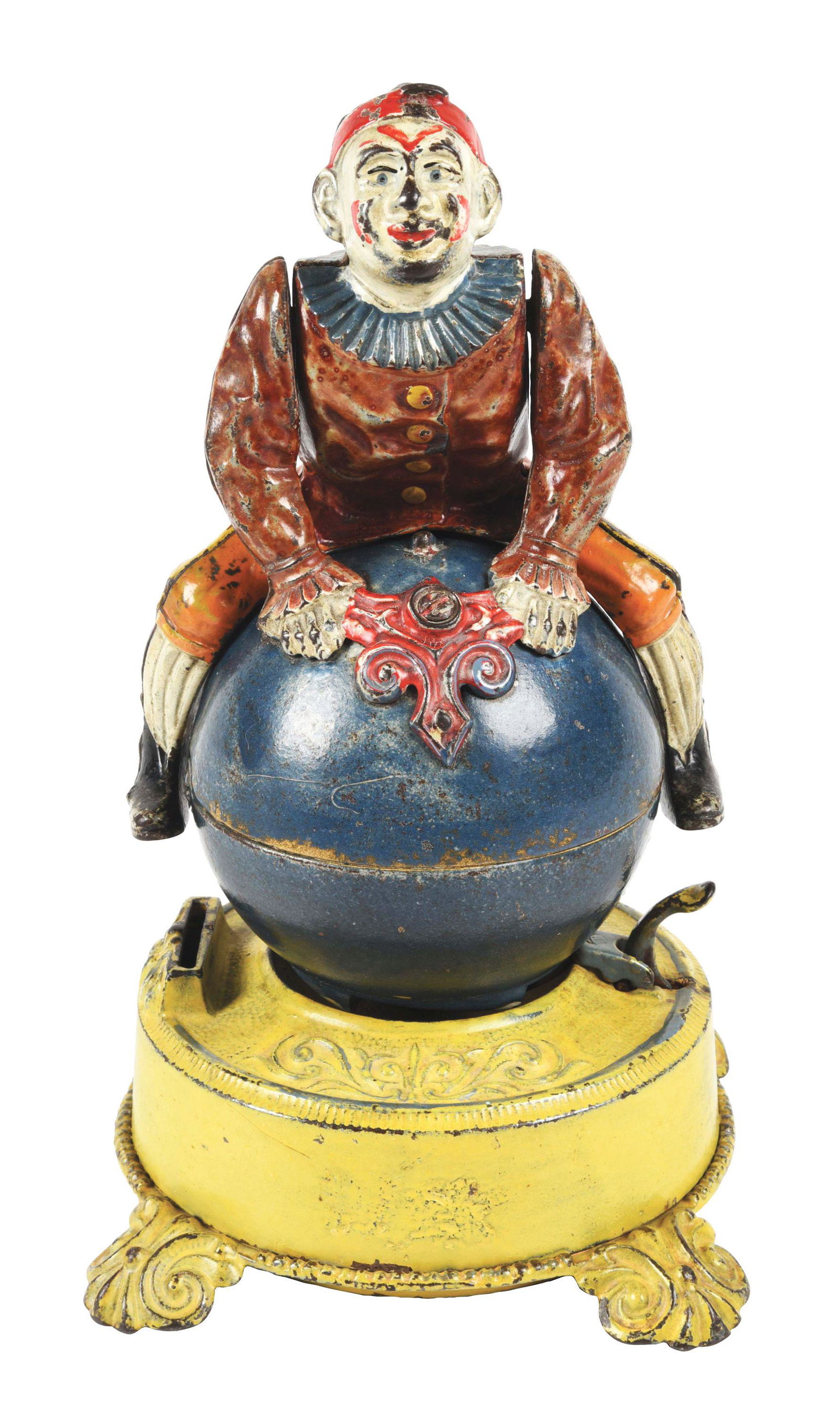CLOWN ON GLOBE YELLOW BASE MECHANICAL BANK. (1 of 7)
