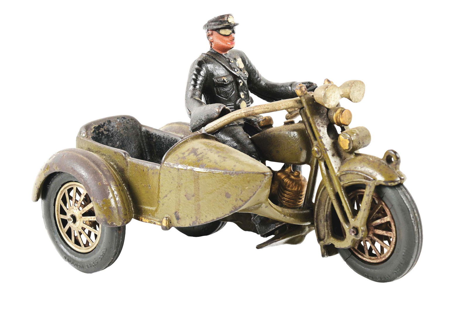 CAST IRON HUBLEY HARLEY-DAVIDSON MOTORCYCLE WITH SIDECAR.: Original driver, no passenger. Original Harley-Davidson decal on outer side of gas tank. Original black rubber tires. Still has clacker bar underneath. Olive color. Original handlebars. Some general w