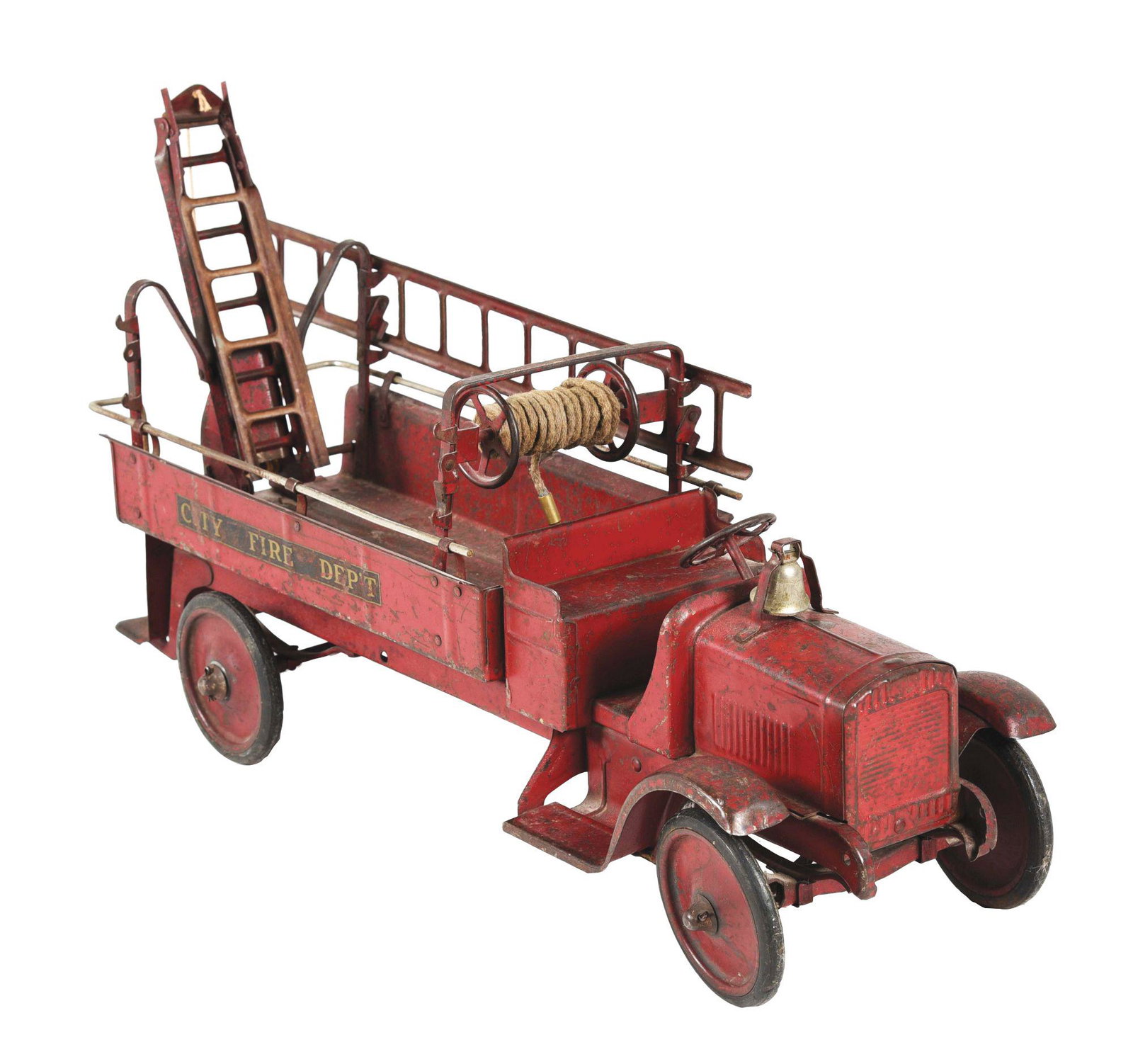 STEELCRAFT CITY FIRE DEPARTMENT SIDE LADDER TRUCK.: C. 1920's. Original paint and decals. Needing a good cleaning. Missing one side individual ladder. Condition: (Very Good). Dimensions: 26" x 9" x 10".