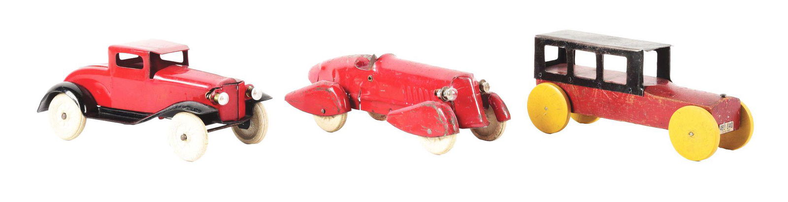 LOT OF 2: AMERICAN MADE PRESSED STEEL AND WOODEN TOY AUTOMOBILES. (1 of 3)