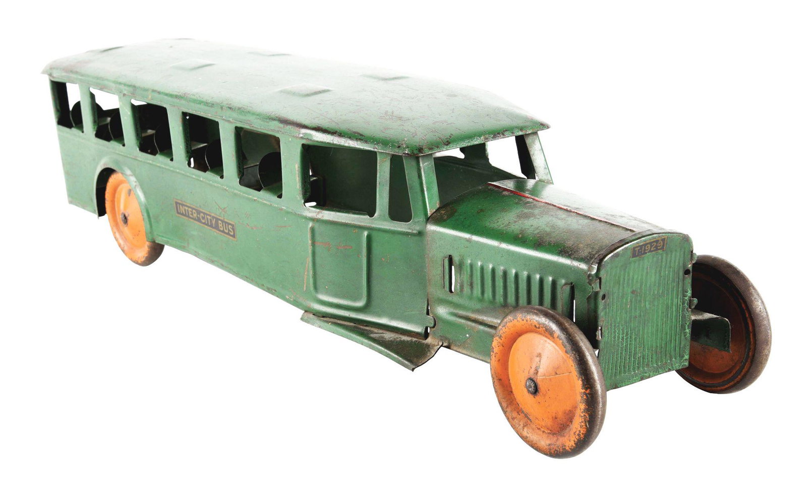 STEELCRAFT 1920'S INTER-CITY BUS.: Original paint, bust missing both front fenders. Condition: (Fair). Dimensions: 23 - 1/2" x 6" x 6".