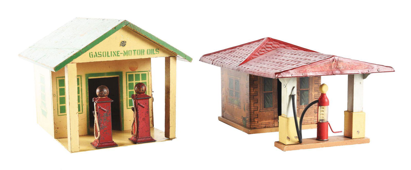 LOT OF 3: AMERICAN MADE TIN LITHO, WOODEN AND CAST IRON GAS STATION BUILDINGS & AUTO. (1 of 3)
